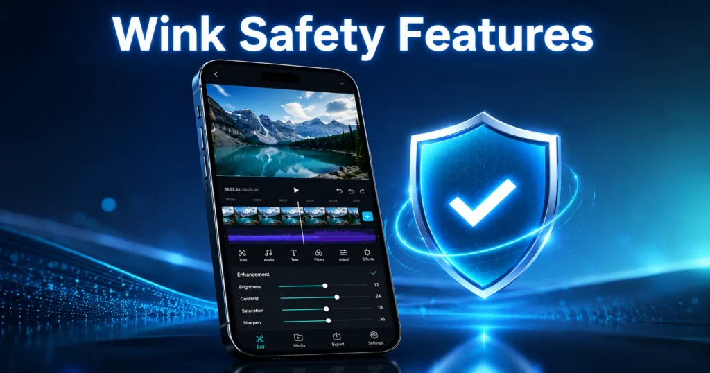 A smartphone showing a video editing app interface with a glowing security shield icon and the text “Wink Safety Features,” representing Wink Mod APK safety and app protection.