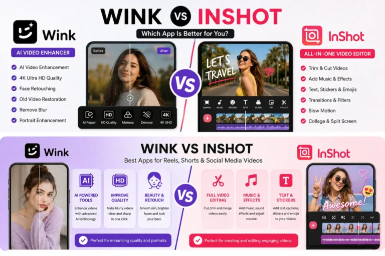 Wink vs InShot comparison showing AI video enhancement and mobile editing tools.